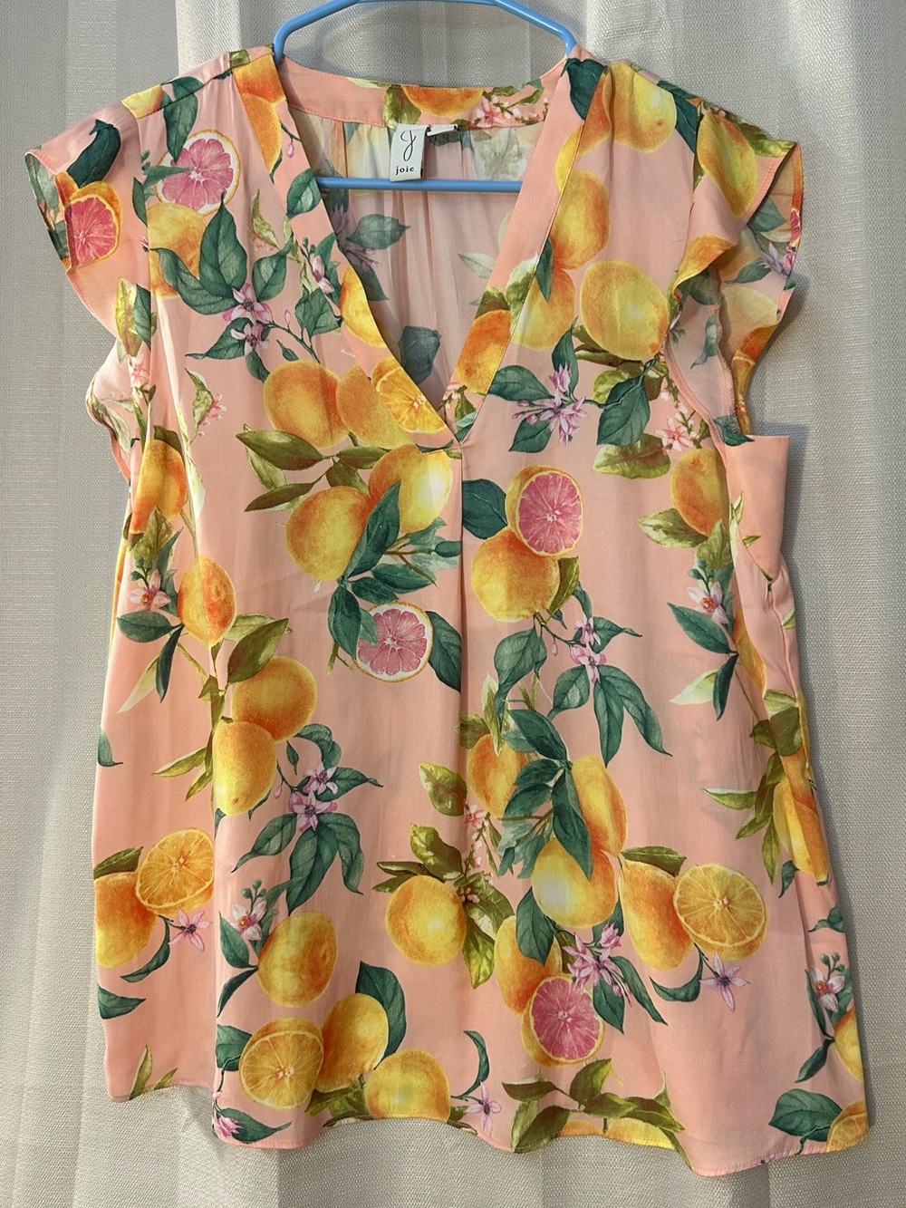 Joie Citrus Print Blouse Medium V-Neck Flutter Sleeve Peach Pink Floral
